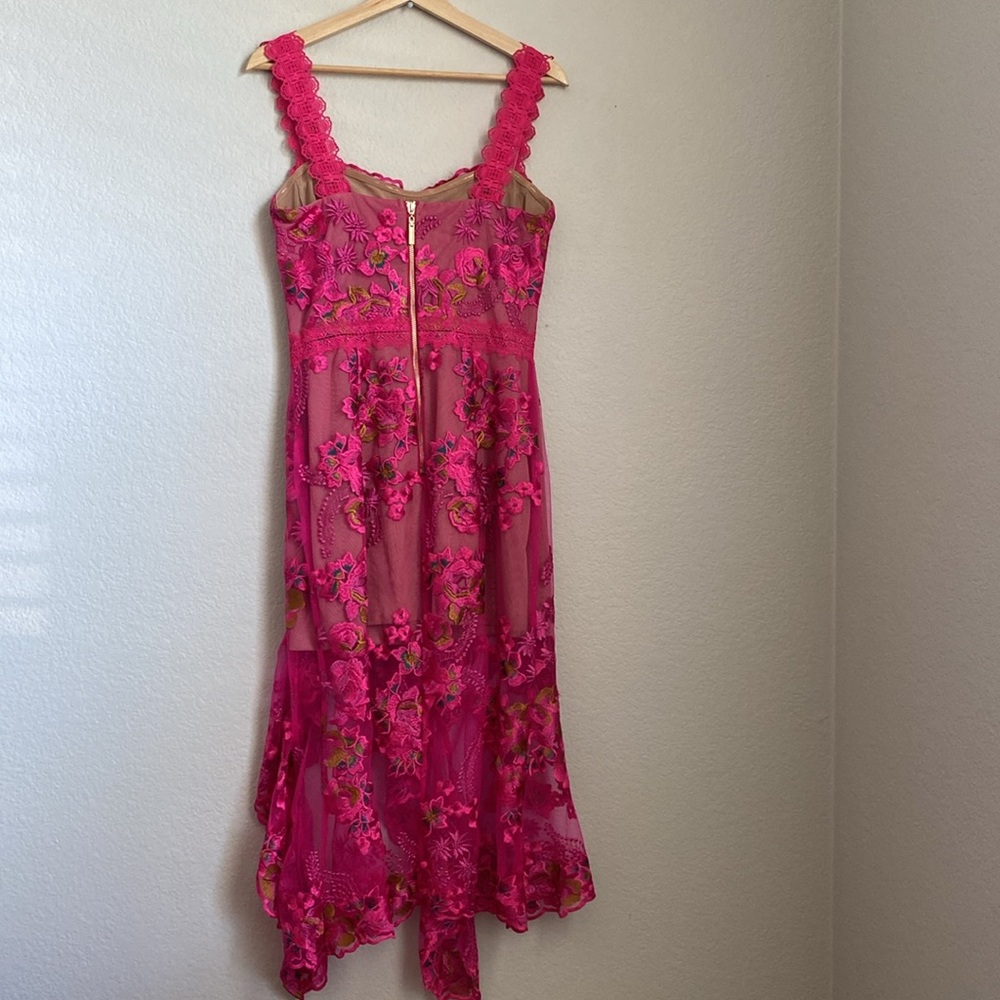 Bronx and Banco Hot Pink Lace Appliqué Asymmetric Midi Dress - Picture 9 of 16